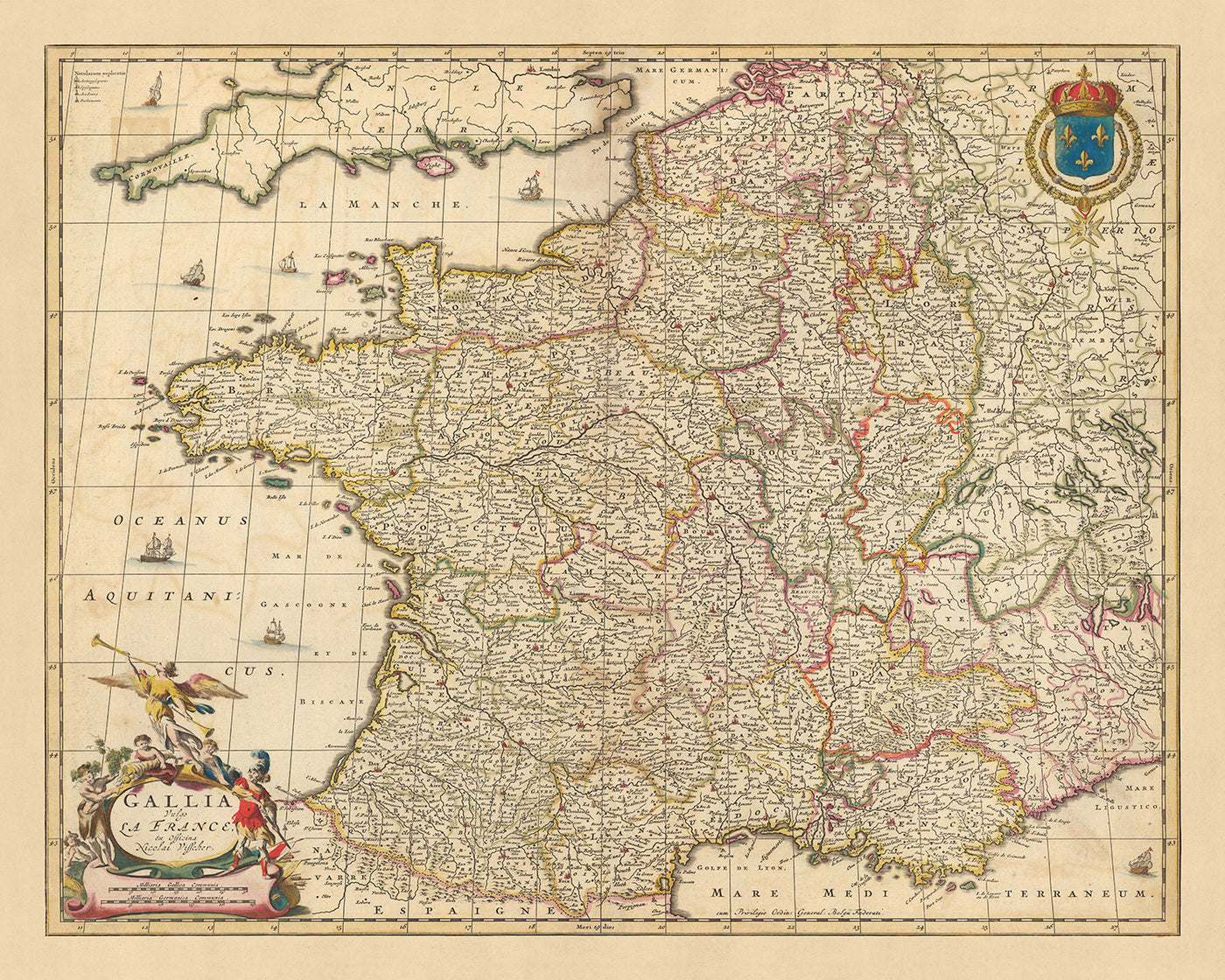 Mapa antiguo de Francia: 'Gallia Vulgo' de Visscher, 1690: París, Bruselas, provincias y regiones de Francia, Riviera Francesa