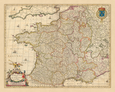 Old Map of France: 'Gallia Vulgo' by Visscher, 1690: Paris, Brussels, Provinces & Regions of France, French Riviera