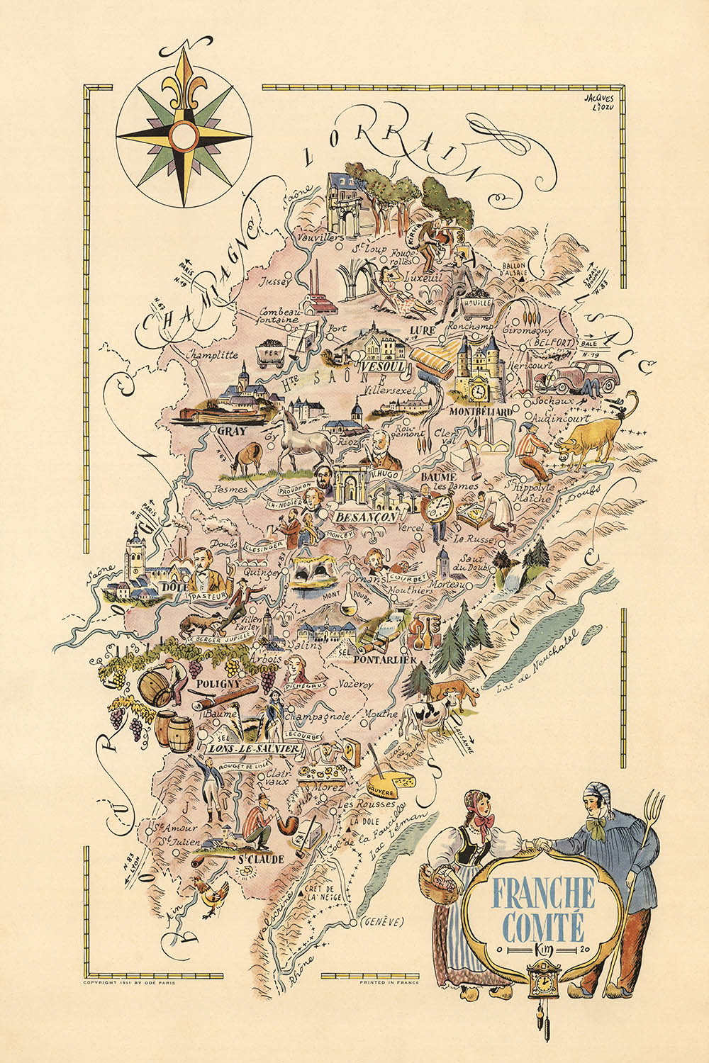 Old Pictorial Map of Franche-Comté by Liozu, 1951: Besançon, Belfort, Montbéliard, Rivers, Castles