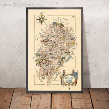 Old Pictorial Map of Franche-Comté by Liozu, 1951: Besançon, Belfort, Montbéliard, Rivers, Castles