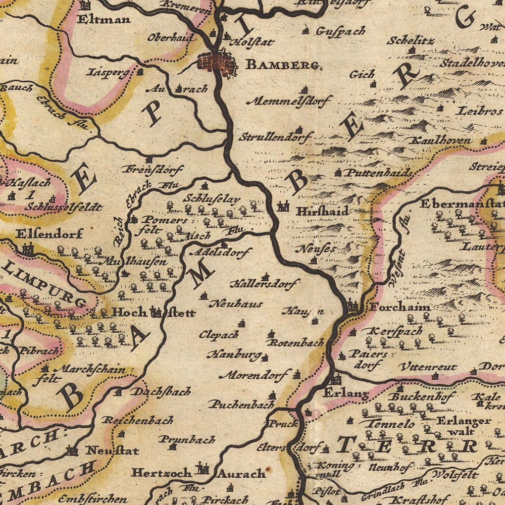 Old Map of Franconian Circle by Nicolaes Visscher II, 1690: Nuremberg, Ingolstadt, Würzburg, Zwickaw, Slavkov Forest