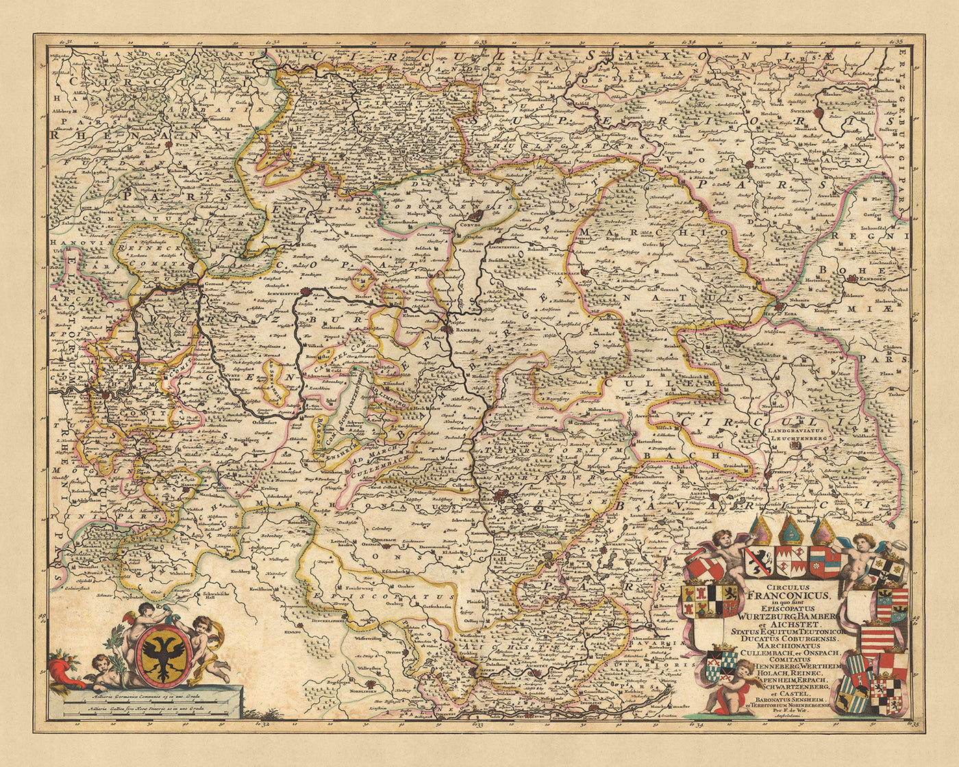 Mapa antiguo del círculo de Franconia por Nicolaes Visscher II, 1690: Nuremberg, Ingolstadt, Würzburg, Zwickaw, bosque de Slavkov