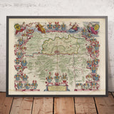 Ancienne carte de Francfort et de sa banlieue par Joan Blaeu, 1665 : Offenbach am Main, Bad Homburg, Neu-Isenburg, Dreieich, Kelsterbach, Main River