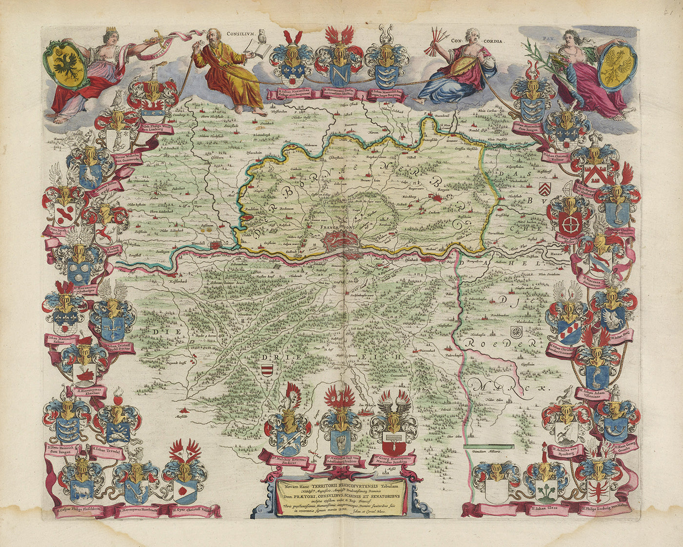 Mapa antiguo de Fráncfort y sus alrededores por Joan Blaeu, 1665: Offenbach am Main, Bad Homburg, Neu-Isenburg, Dreieich, Kelsterbach, Río Meno