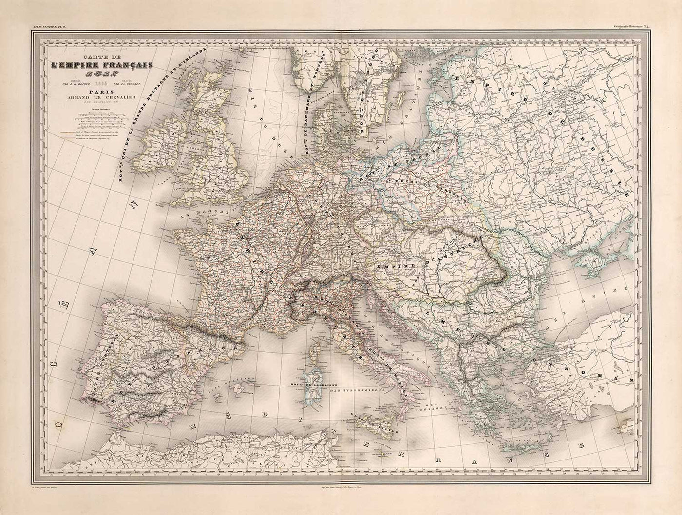 Ancienne carte de l'Empire français par Charles Dyonnet en 1864 - Napoléon, France, Italie, Espagne, Îles britanniques