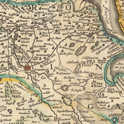 Mapa antiguo de Frisia y Groninga por Visscher, 1690: Oldenburg, Zwolle, Leeuwarden, Emmen, Kampen