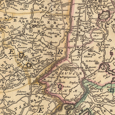 Old Map of Friesland by Visscher, 1690: Leeuwarden, Drachten, Heerenveen, Sneek, De Alde Feanen National Park