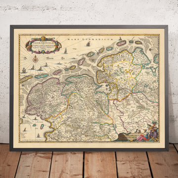 Mappa antica di Friesland e Groningen di Visscher, 1690: Oldenburg, Zwolle, Leeuwarden, Emmen, Kampen 