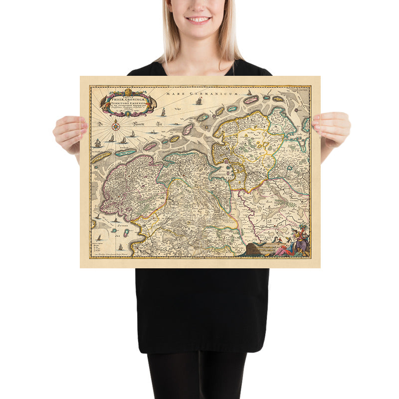 Mappa antica di Friesland e Groningen di Visscher, 1690: Oldenburg, Zwolle, Leeuwarden, Emmen, Kampen 