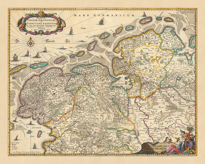 Mapa antiguo de Frisia y Groninga por Visscher, 1690: Oldenburg, Zwolle, Leeuwarden, Emmen, Kampen