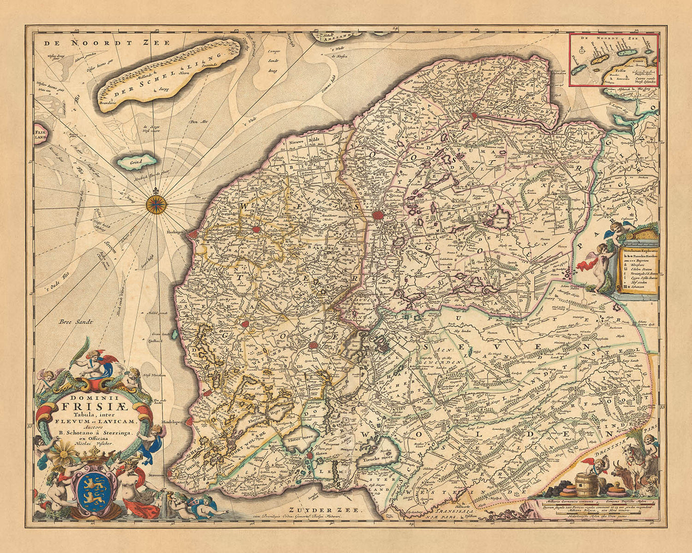 Old Map of Friesland by Visscher, 1690: Leeuwarden, Drachten, Heerenveen, Sneek, De Alde Feanen National Park
