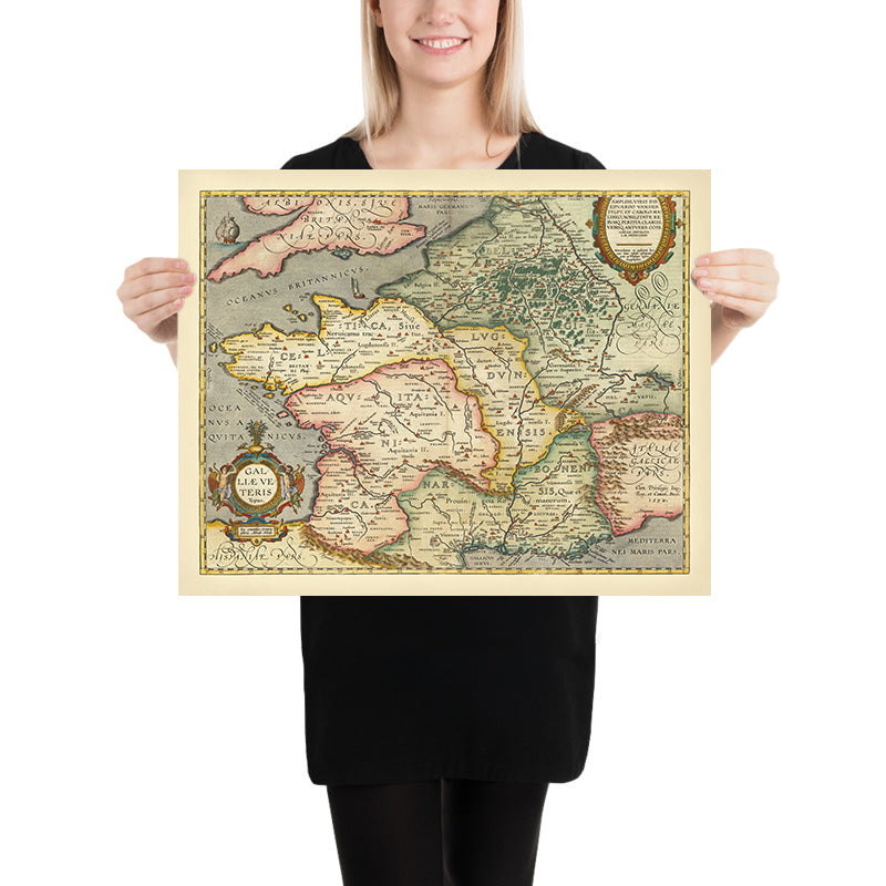 Vecchia mappa della Francia antica (Gallia) ai tempi romani di Ortelius, 1624: Parigi, Lione, Pirenei, Alpi, nomi latini 