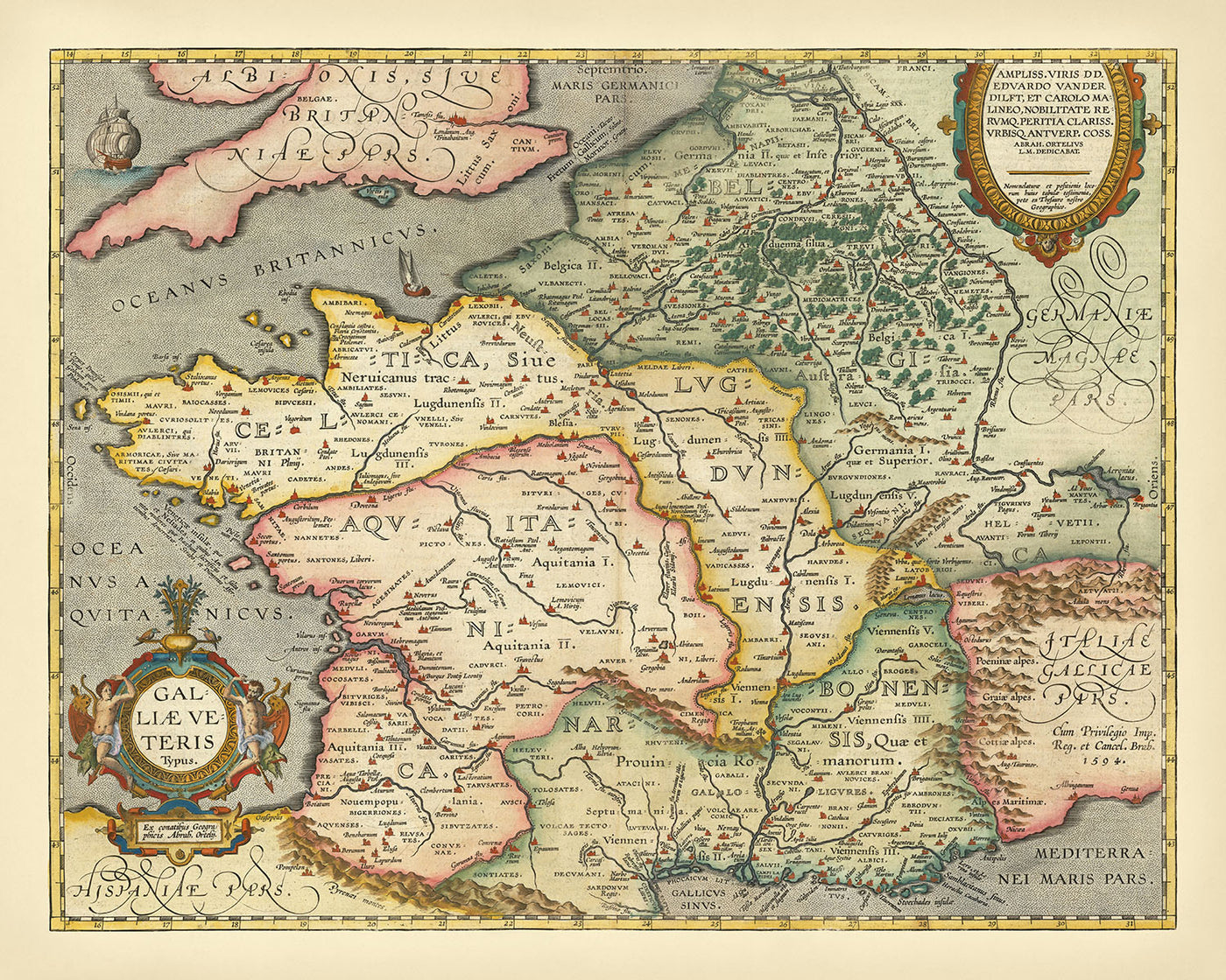 Old Map of Ancient France (Gaul, Gallia) in Roman Times by Ortelius, 1624: Paris, Lyon, Pyrenees, Alps, Latin Names