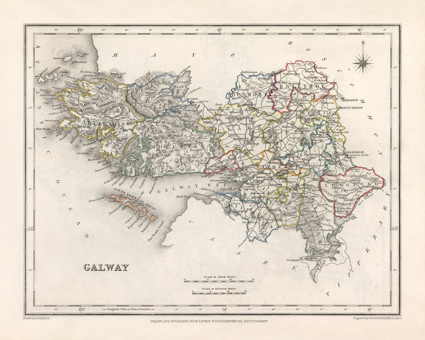 Mapa antiguo del condado de Galway por Samuel Lewis, 1844: Atenas, Ballinasloe, Clifden, Gort, Loughrea
