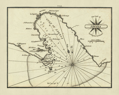 Old Gulf of La Spezia Nautical Chart by Heather, 1802: Cinque Terre, Italian Riviera, Porto Venere, Lerici,