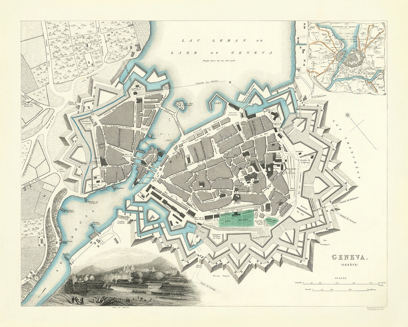 Mapa antiguo de Suiza: Ginebra, 1870: lago de Ginebra, río Ródano, jardín botánico, fortificaciones masivas del fuerte bastión