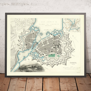 Mappa antica di Ginevra di SDUK, 1870: Lago di Ginevra, Fiume Rodano, Giardino Botanico, Massicce fortificazioni del Forte Bastione 