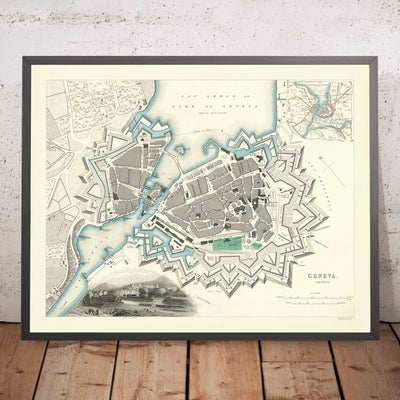 Mapa antiguo de Suiza: Ginebra, 1870: lago de Ginebra, río Ródano, jardín botánico, fortificaciones masivas del fuerte bastión