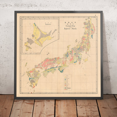 Antiguo mapa infográfico de las islas japonesas por Fesca y Harada, 1885: primer mapa geológico, leyenda detallada, cartografía pionera