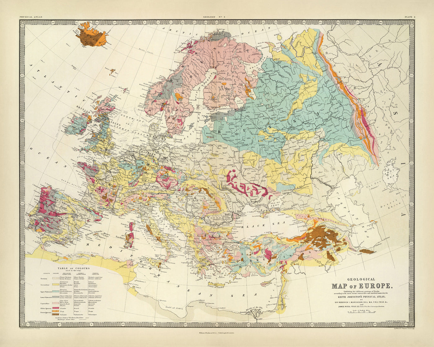 Ancienne carte géologique de l'Europe par AK Johnston, 1856 : carte géologique des montagnes, des roches et des strates