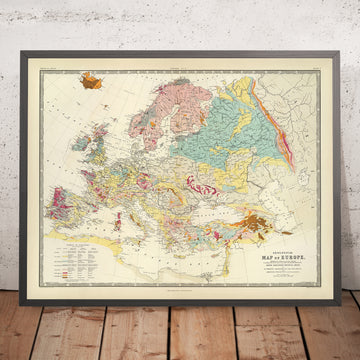 Alte geologische Karte von Europa von AK Johnston, 1856: Geologische Karte von Bergen, Gesteinen, Schichten 