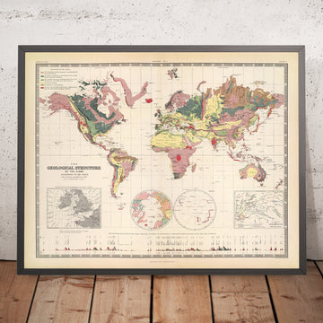Mappa Geologica Antica del Mondo di AK Johnston 1856: Geologia Precoce, Montagne, Vulcani, Pre-Tettonica delle Placche 