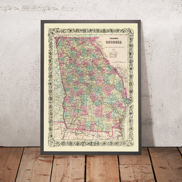 Old Map of Georgia by J.H. Colton, 1871: Savannah, Augusta, Columbus, Macon, and Athens