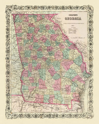 Old Map of Georgia by J.H. Colton, 1871: Savannah, Augusta, Columbus, Macon, and Athens