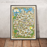Old Map of German Fairytales, 1960: Little Red Riding Hood, Hansel & Gretel, Grimm Tales, Deutsche Bundesbahn