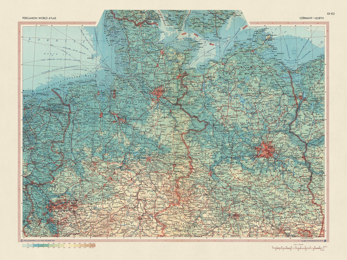 Mapa antiguo del norte de Alemania realizado por el Servicio de Topografía del Ejército Polaco, 1967: Renania del Norte-Westfalia, Schleswig-Holstein, Bremen, Hamburgo, Baja Sajonia