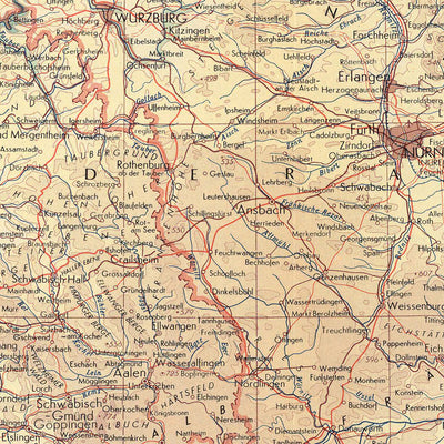 Mapa antiguo del sur de Alemania realizado por el Servicio de Topografía del Ejército Polaco, 1967: Renania-Palatinado, Baden-Württemberg, Turingia, Hesse, Baviera