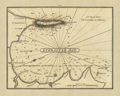 Ancienne carte nautique de Gibraltar et d'Algeziras par Heather, 1802 : baies, forts, épaves