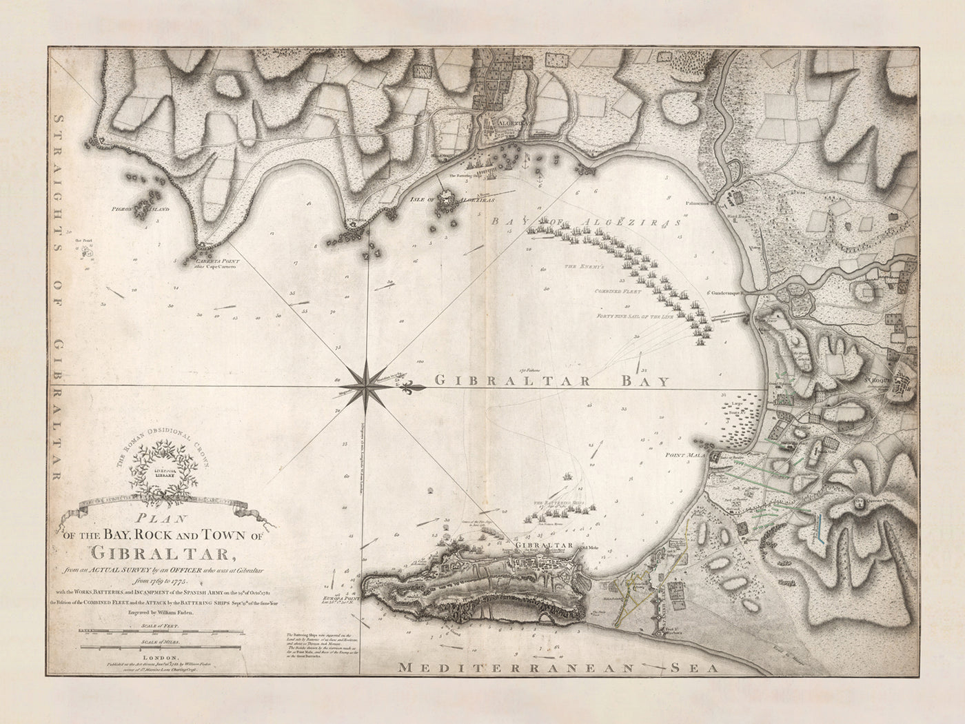 Ancienne carte de Gibraltar par William Faden, 1775 : port de Gibraltar, baie catalane, pointe Europa, rocher de Gibraltar, jardins d'Alameda