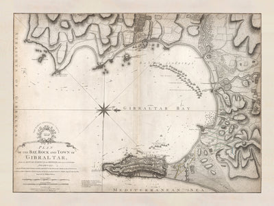 Alte Karte von Gibraltar von William Faden, 1775: Hafen von Gibraltar, katalanische Bucht, Europa Point, der Felsen von Gibraltar, Alameda Gardens