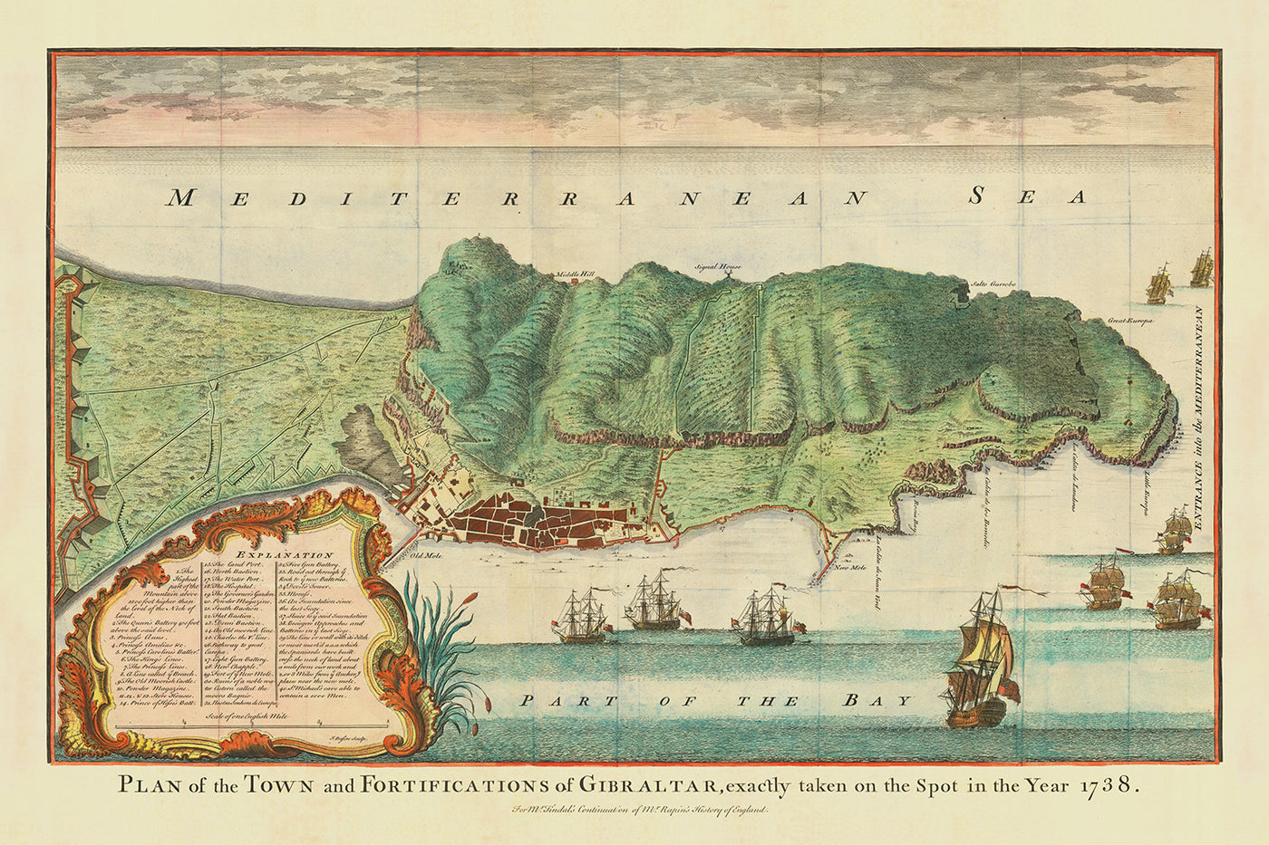Alte Karte von Gibraltar von Paul de Rapin, 1745: Stadt Gibraltar, Bucht von Gibraltar, Straße von Gibraltar, Mittelmeer