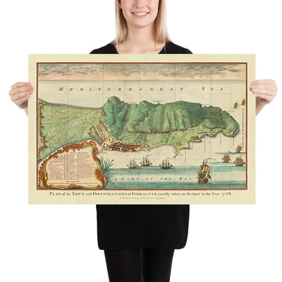 Mapa antiguo de Gibraltar por Paul de Rapin, 1745: Ciudad de Gibraltar, Bahía de Gibraltar, Estrecho de Gibraltar, Mar Mediterráneo