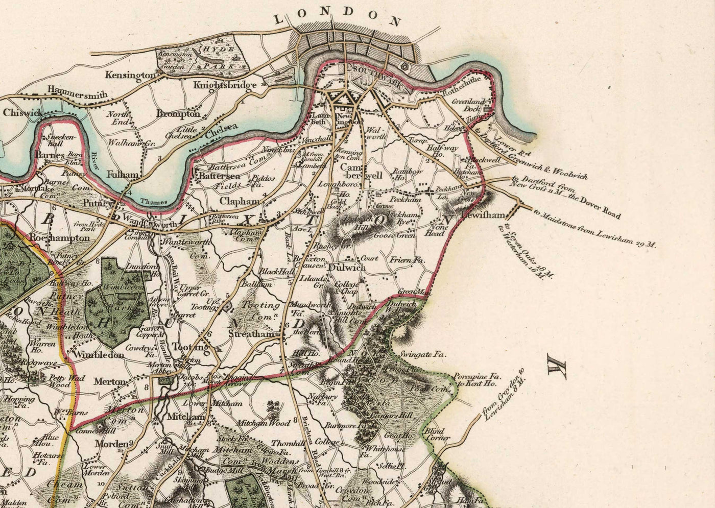 Old Map of Surrey in 1801 by John Cary - Guildford, Haslemere, Streatham, Reigate, Dorking