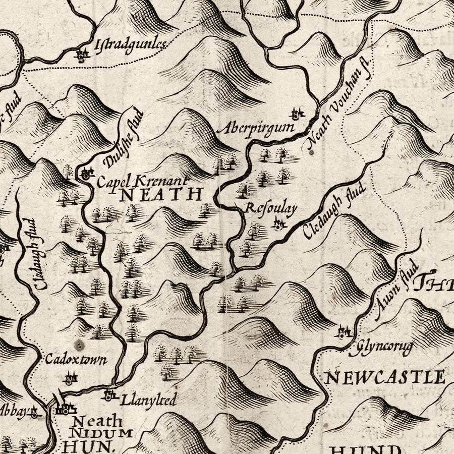 Old monochrome Carte of Glamorgan, Wales, 1611 par John Speed ​​- Cardiff, Swansea, Bridgend, Port Talbot, Barry