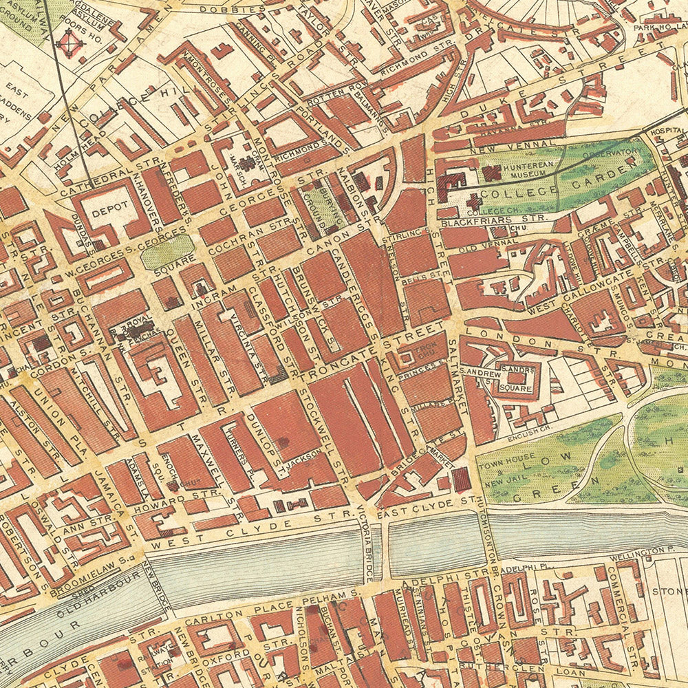 Ancienne carte de Glasgow, 1851 : Glasgow Royal Exchange, Glasgow University, Glasgow Necropolis, River Clyde, Glasgow Green