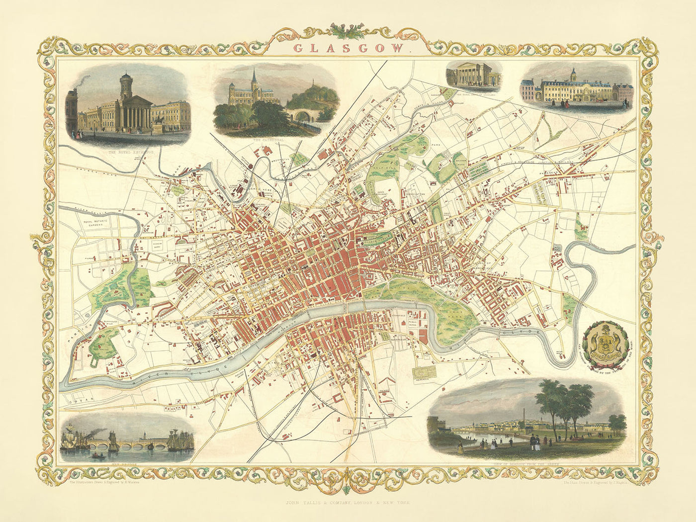 Mapa antiguo de Glasgow, 1851: Bolsa Real de Glasgow, Universidad de Glasgow, Necrópolis de Glasgow, Río Clyde, Verde de Glasgow