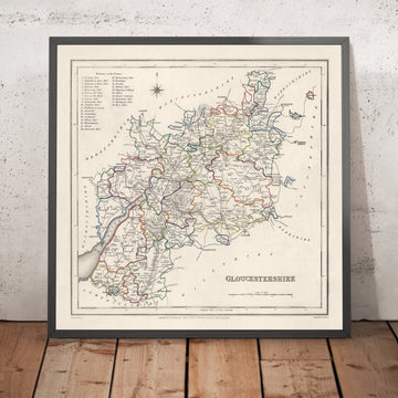 Ancienne carte du Gloucestershire par Samuel Lewis, 1844 : Bristol, Cheltenham, Cirencester, Stroud, Tewkesbury