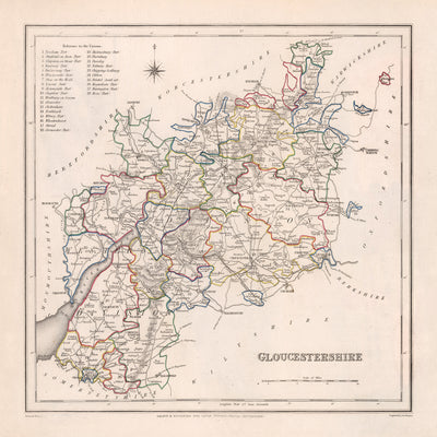 Ancienne carte du Gloucestershire par Samuel Lewis, 1844 : Bristol, Cheltenham, Cirencester, Stroud, Tewkesbury