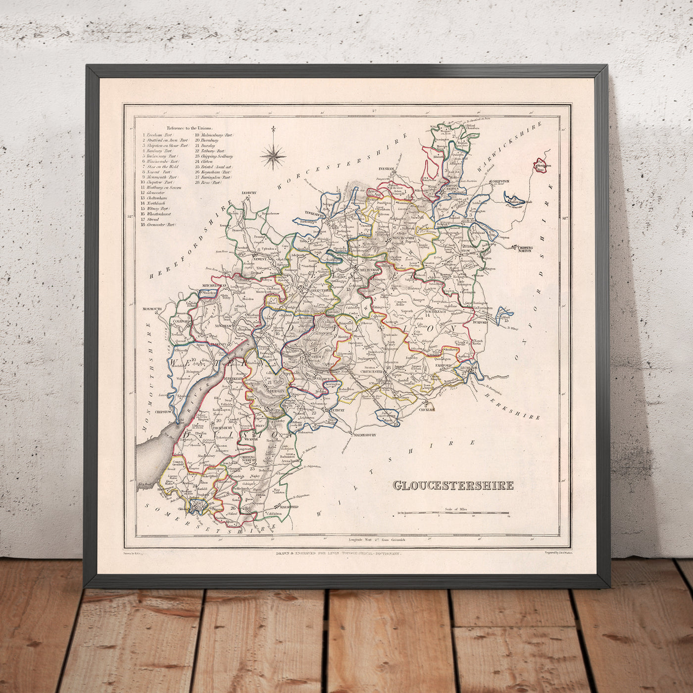 Mapa antiguo de Gloucestershire por Samuel Lewis, 1844: Bristol, Cheltenham, Cirencester, Stroud, Tewkesbury