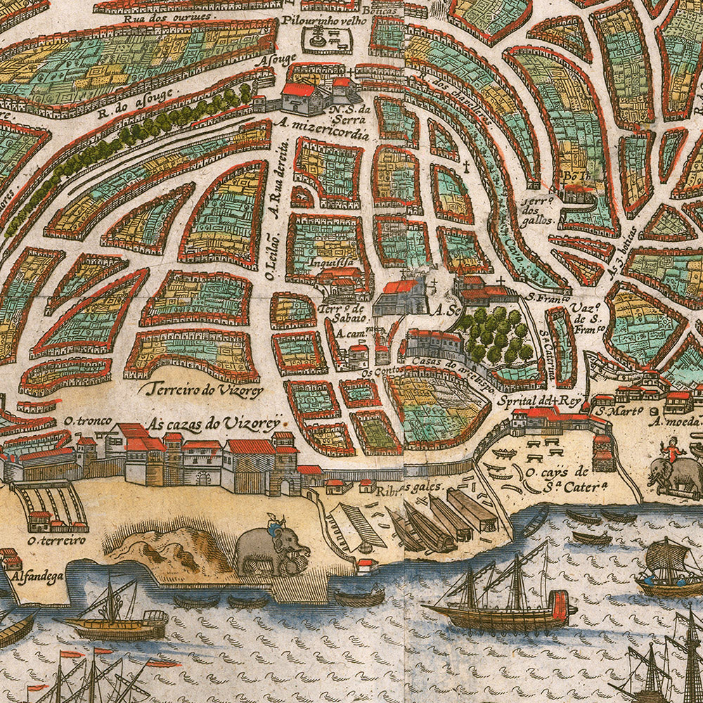 Mapa antiguo de Goa a vista de pájaro de Linschoten, 1596: puerto, fortificaciones, iglesias, centro de la ciudad, lagos