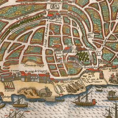 Carte ancienne de Goa par Linschoten, 1596 : port, fortifications, églises, centre-ville, lacs