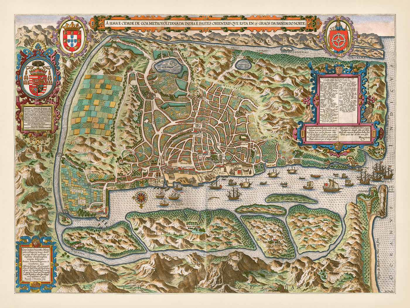 Carte ancienne de Goa par Linschoten, 1596 : port, fortifications, églises, centre-ville, lacs