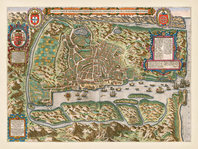 Mapa antiguo de Goa a vista de pájaro de Linschoten, 1596: puerto, fortificaciones, iglesias, centro de la ciudad, lagos