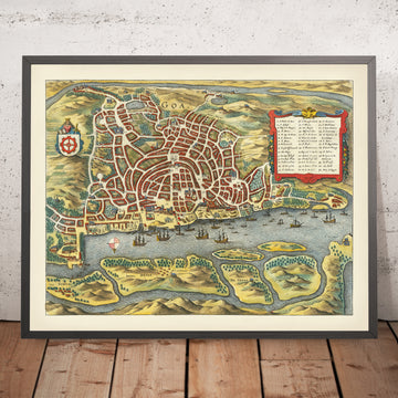 Mappa antica di Birdseye di Goa di Merian, 1650: Isola di Divar, Chiesa di San Francesco, Palazzo del Viceré, Fiume Zuari, Ins. Chora 