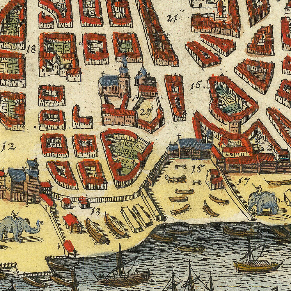 Alte Birdseye-Karte von Goa von Merian, 1650: Divar-Insel, Kirche von St. Franziskus, Vizekönigspalast, Zuari-Fluss, Ins. Chora 