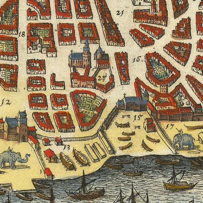 Alte Birdseye-Karte von Goa von Merian, 1650: Divar-Insel, Kirche von St. Franziskus, Vizekönigspalast, Zuari-Fluss, Ins. Chora 